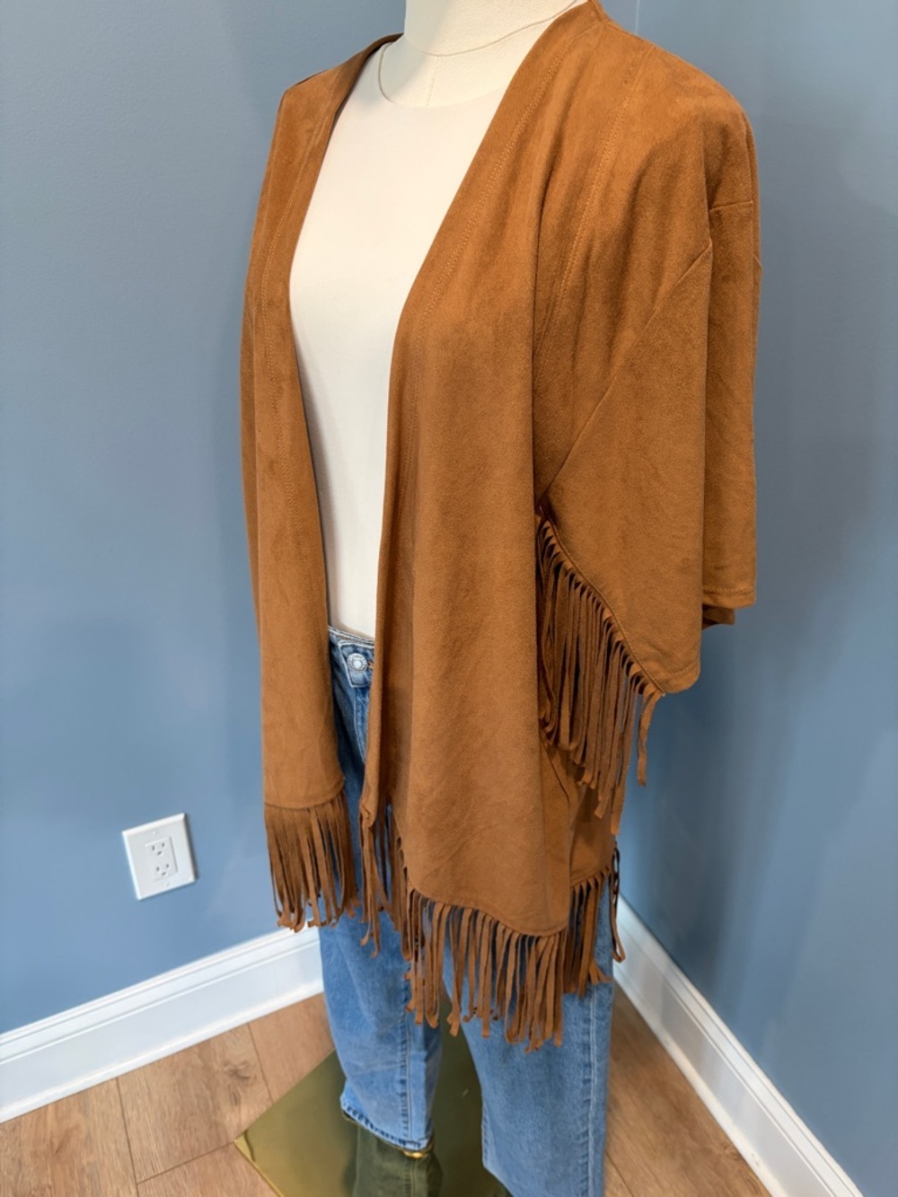 Hollister Brown Faux Suede Fringe Kimono Cardigan L Boho Western